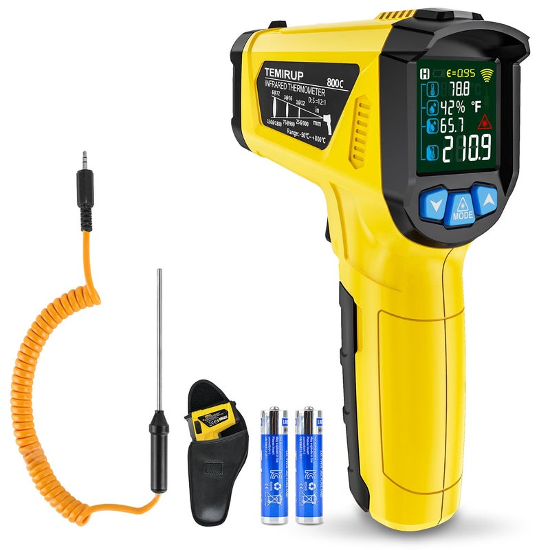 Temirup Infrared Thermometer Gun, Non Contact Digital Laser Temperature Gun with K-Probe for Industrial, Cooking, Griddle,Engine, HVAC, Humidity,Adjustable Emissivity -58°F to 1472°F(-50~800°C) - Image 1